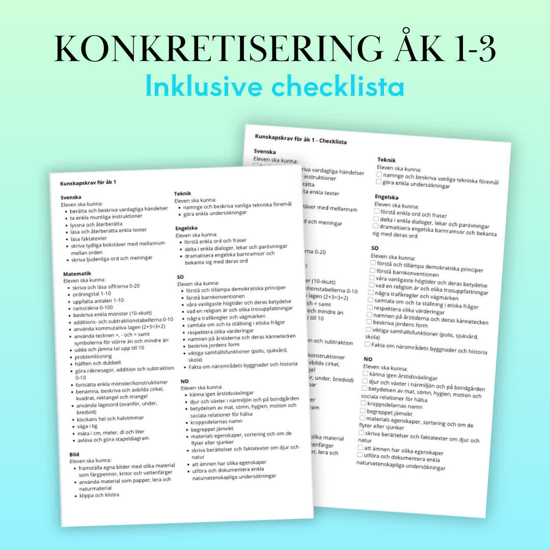 Konkretisering LGR22 Kursplan åk 1-3 är ett praktiskt verktyg för lärare som erbjuder en tydlig och lättförståelig översikt över LGR22 kunskapskrav för årskurserna 1-3. Med en enkel struktur och en praktisk checklista hjälper materialet till att hålla koll på mål och moment, samt enskilda elevers måluppfyllelse. Varje årskurs konkretisering ryms på en A4-sida och kan enkelt häftas till en bok eller ett häfte för smidig användning utan behov av bläddring.
