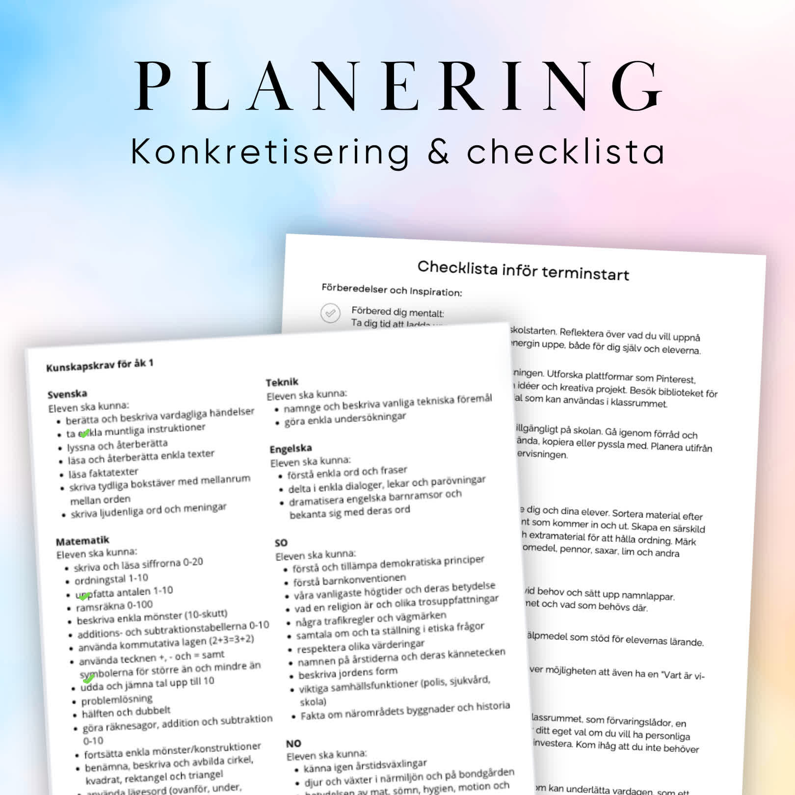 Planering – konkretisering & checklista är tänkt att underlätta din terminsstart. Det innehåller konkretiseringar för åk 1-3 i alla ämnen, utom idrott och musik, och en checklista som kan hjälpa dig att hålla koll på allt, år efter år. Som en extra bonus har jag lagt till en bilaga om stresshantering, något jag verkligen tror att alla lärare kan ha nytta av. Paketet består av 14 sidor fyllda med verktyg och tips för att skapa en mer strukturerad och mindre stressig vardag i skolan.