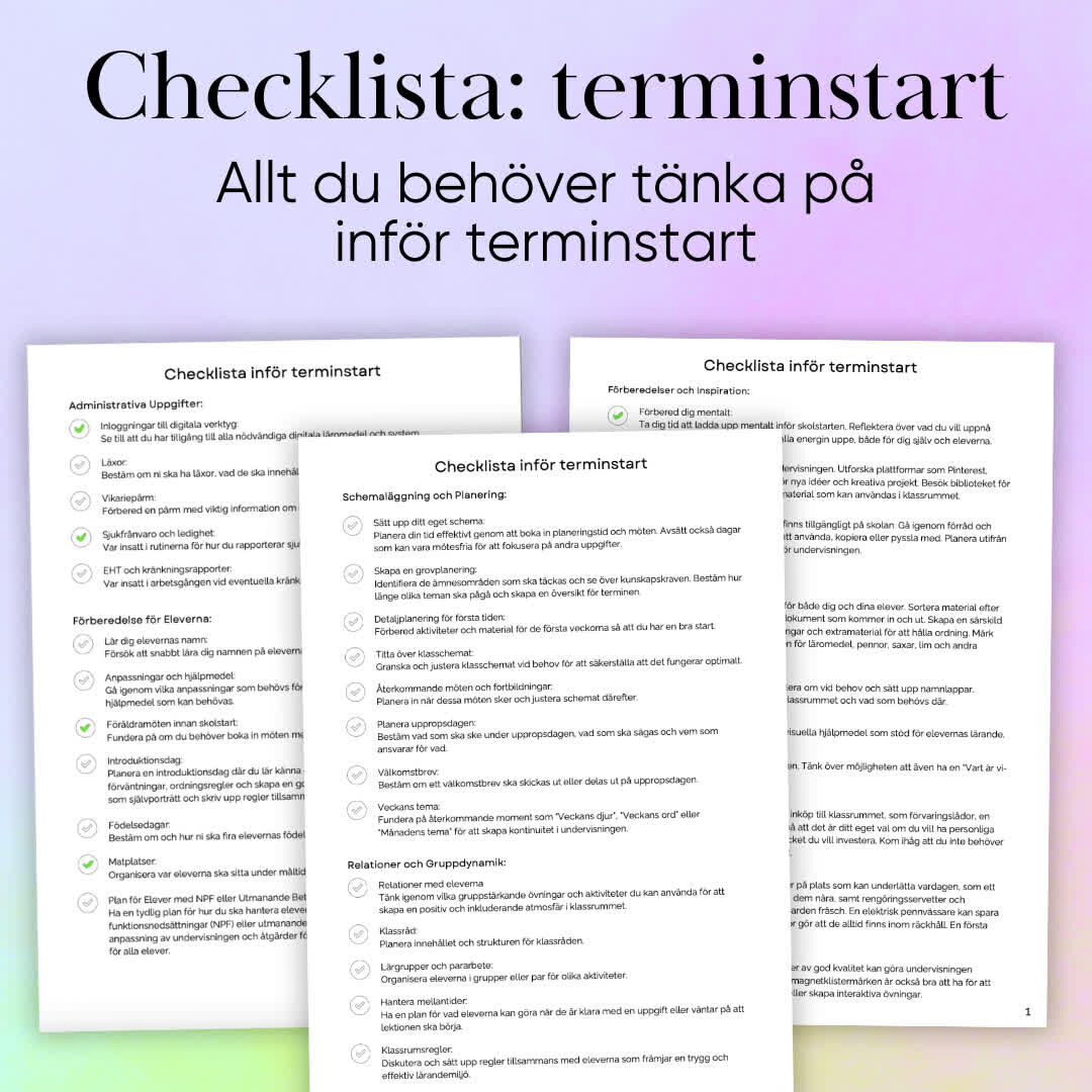 Denna checklista innehåller en omfattande planering och förberedelse för en lyckad skolstart. Den täcker allt från att samla inspiration och organisera klassrummet till att bygga relationer med eleverna och hantera administrativa uppgifter. Här finns även tips för att planera morgonrutiner för eleverna, skapa en trygg och effektiv lärandemiljö, och ta hand om praktiska detaljer som inköp av material och föräldrakontakter. Checklistan hjälper till att säkerställa att både lärare och elever får en strukturerad, inspirerande och positiv start på skolåret.